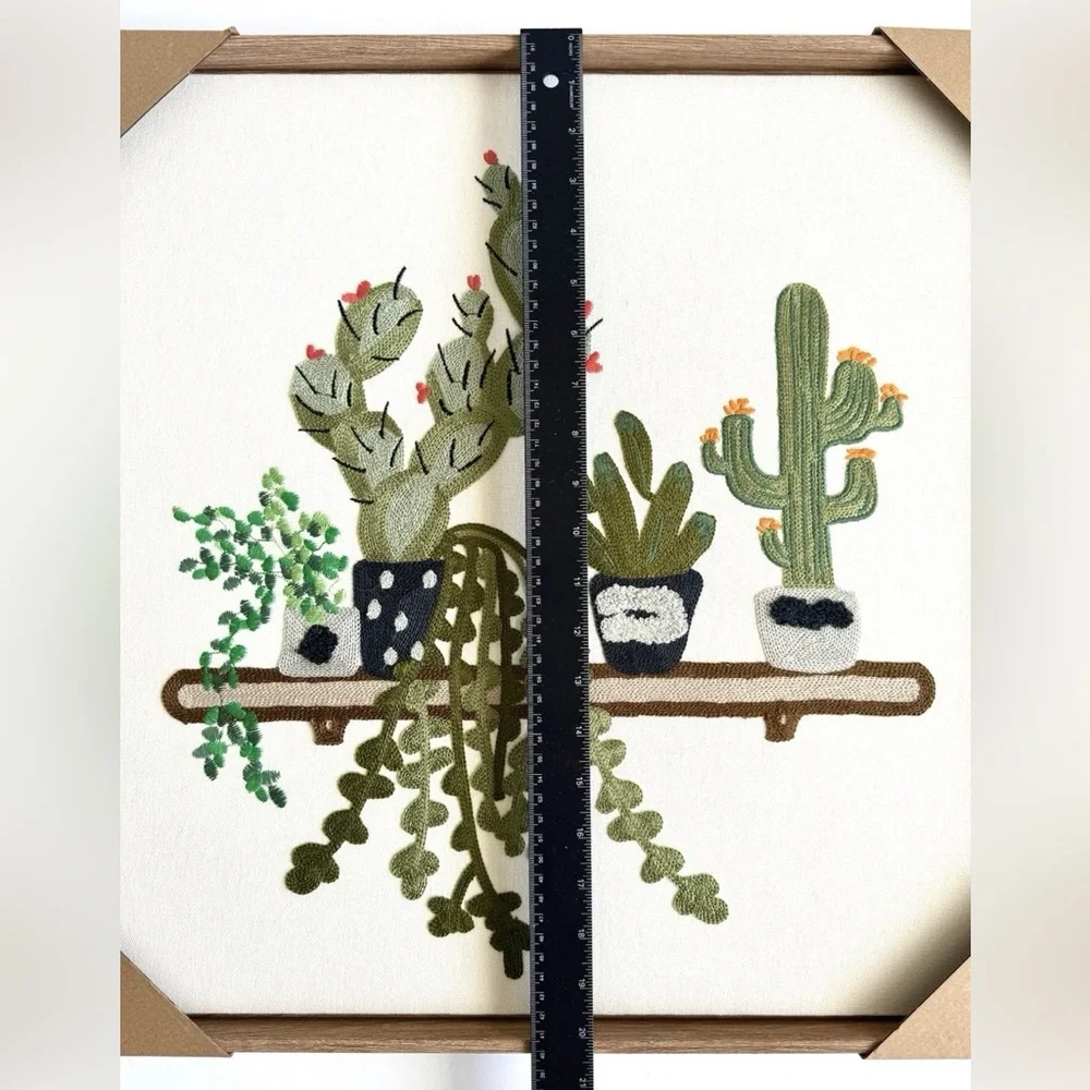 bp home-Embroidered Potted Cactus Shelf Wall Art - Green